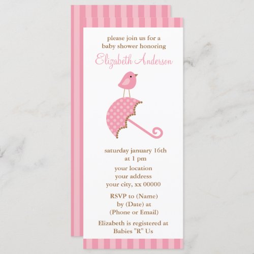 Pink Umbrella Bird Girl Baby Shower Invitation