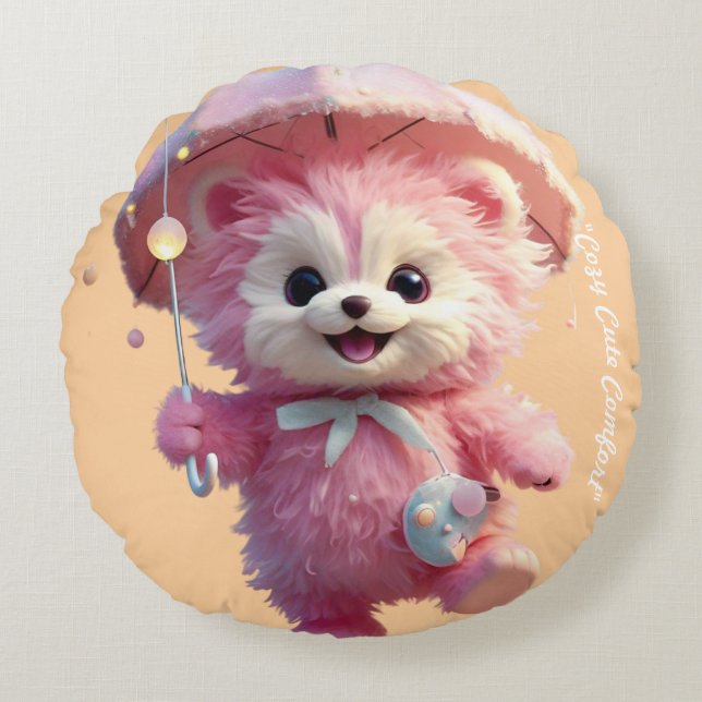 "Pink Umbrella Dreams" Round Pillow (Front)