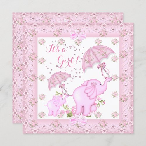 Pink Umbrella Elephant Calf Baby Shower Girl 2 Invitation