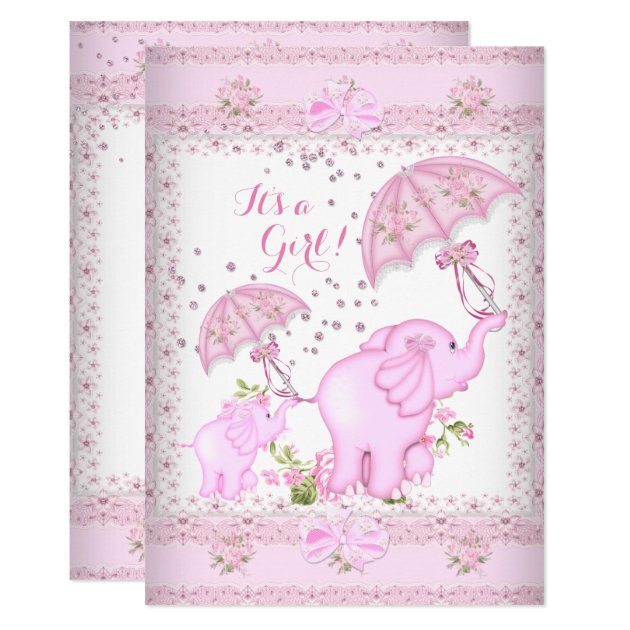 Pink Umbrella Elephant Calf Baby Shower Girl Invitation