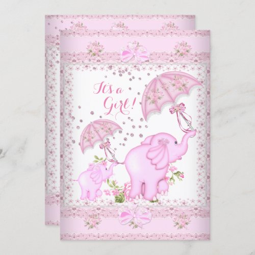 Pink Umbrella Elephant Calf Baby Shower Girl Invitation