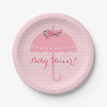 Pink Umbrella Girl Baby Shower Chevron Paper Plate