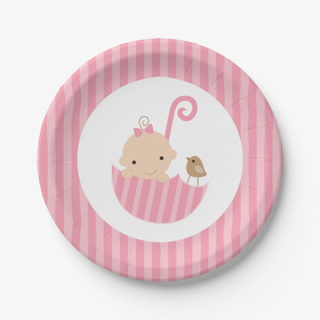 Pink Umbrella Girl Baby Shower Paper Plates (Front)