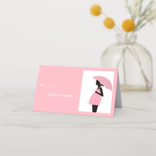 Pink Umbrella Polka Dots Baby Shower Table Card