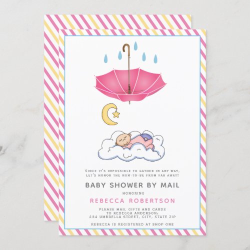 Pink umbrella sleeping baby girl shower by mail invitation