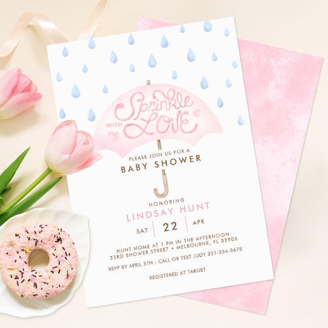 Pink Umbrella Sprinkle Baby Shower  Invitation (Sprinkle with Love Girl Baby Shower Invitation)