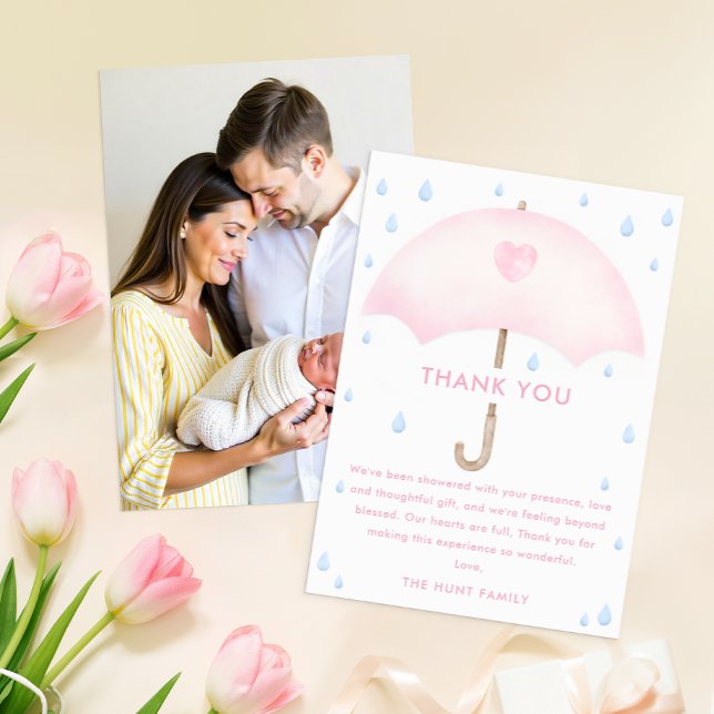 Pink Umbrella Sprinkle Baby Shower Thank You Card (Front & Back | Thank You Card)