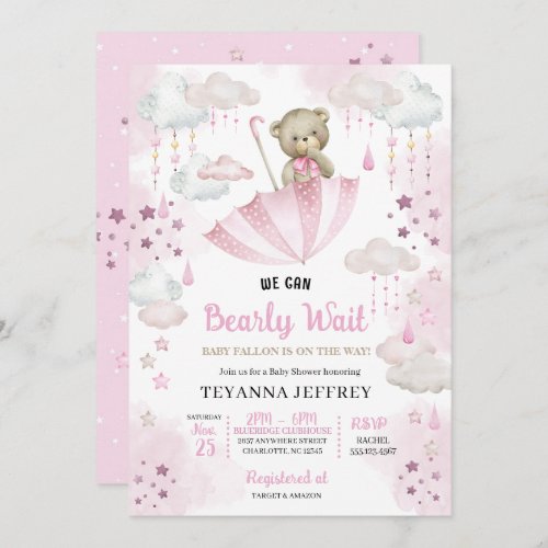 Pink Umbrella Teddy Bear Baby Sprinkle Baby Shower Invitation