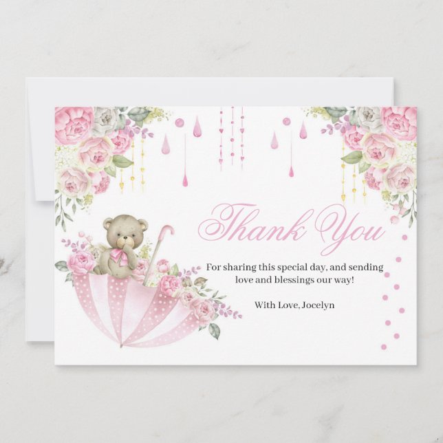 Pink Umbrella Teddy Bear Baby Sprinkle Thank You C (Front)