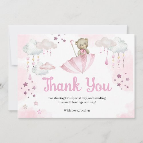 Pink Umbrella Teddy Bear Baby Sprinkle Thank You Card
