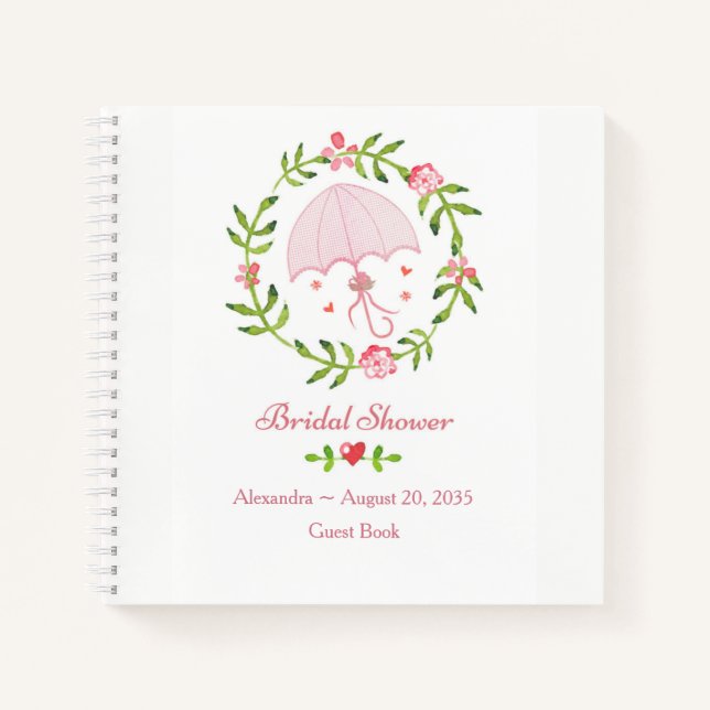 Pink Umbrella Wreath Bridal Shower Guest Book (Front)