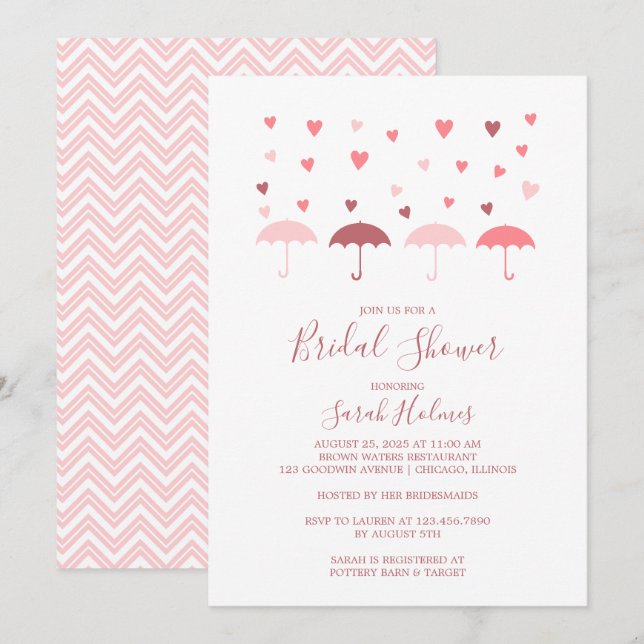 Pink Umbrellas and Hearts Bridal Shower Invitation (Front/Back)
