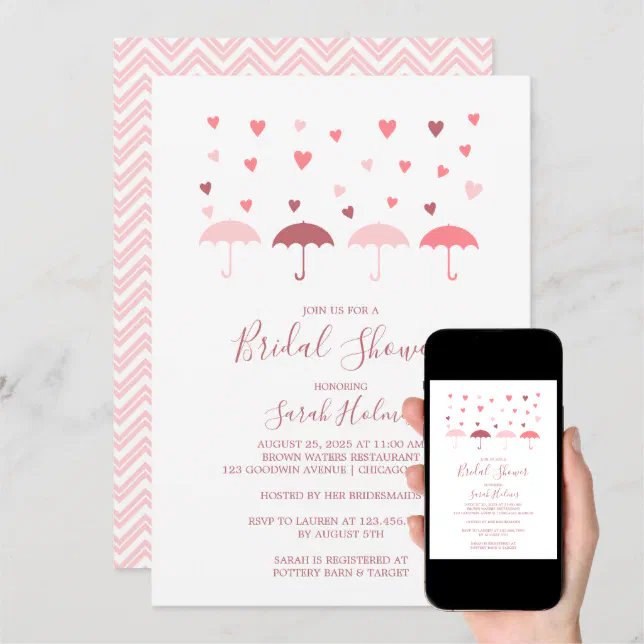 Pink Umbrellas and Hearts Bridal Shower Invitation Zazzle
