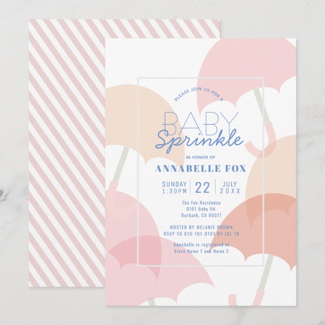 Pink Umbrellas Girl Baby Sprinkle Shower Invitation (Front/Back)