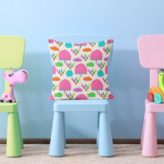 Pink Umbrellas with Clouds and Raindrops Throw Pillow