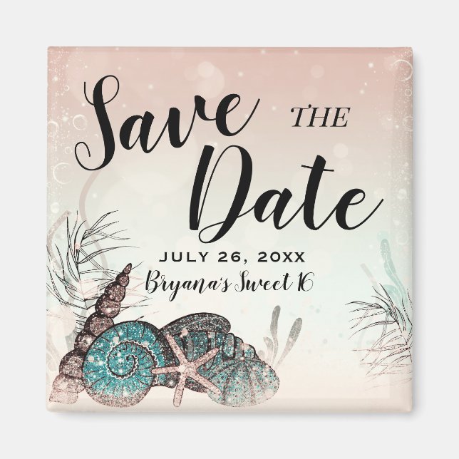 Pink Under Sea Shells Beach Save the Date Sweet 16 Magnet (Front)