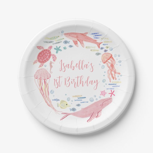 Pink Under The Sea Birthday Paper Plates (Front)