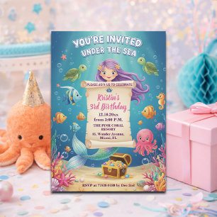 Pink Under the Sea Mermaid 3rd Birthday Party Invitation