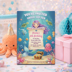 Pink Under the Sea Mermaid 4th Birthday Party Invitation