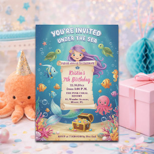 Pink Under the Sea Mermaid 7th Birthday Party Invitation