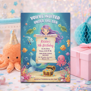 Pink Under the Sea Mermaid 9th Birthday Party Invitation