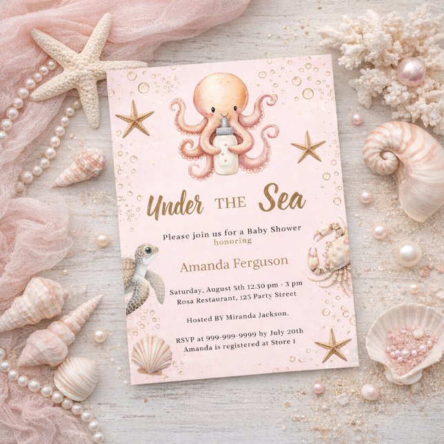 Pink under the sea ocean animals girl Baby Shower Invitation (Creator Uploaded)
