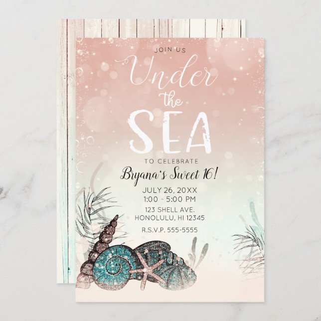 Pink Under the Sea Shells Beach Sweet 16 Party Invitation (Front/Back)