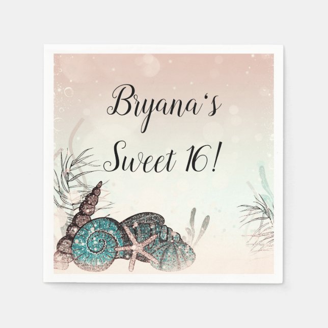 Pink Under the Sea Shells Beach Sweet 16 Party Napkins (Front)