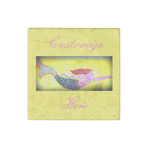 pink underwater mosaic mermaid swimming stone magnet