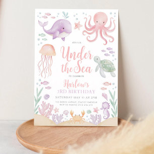 Pink Underwater Whale Turtle Jellyfish Birthday Invitation