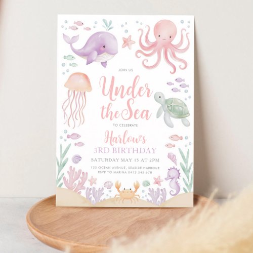 Pink Underwater Whale Turtle Jellyfish Birthday Invitation