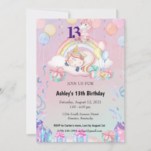 Pink Unicorn 13th Birthday  Invitation