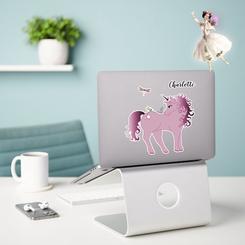 Pink Unicorn and Dragonflies Sticker