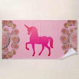 Pink Unicorn and flowers  Beach Towel