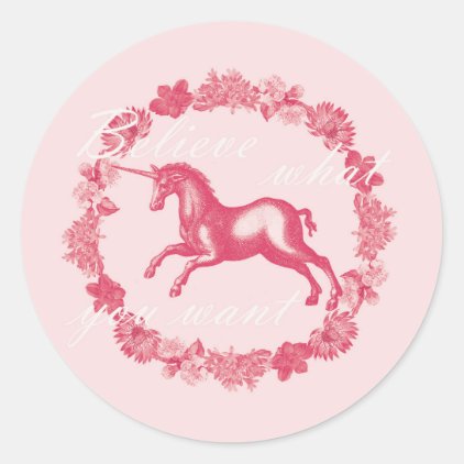 Pink unicorn and flowers classic round sticker