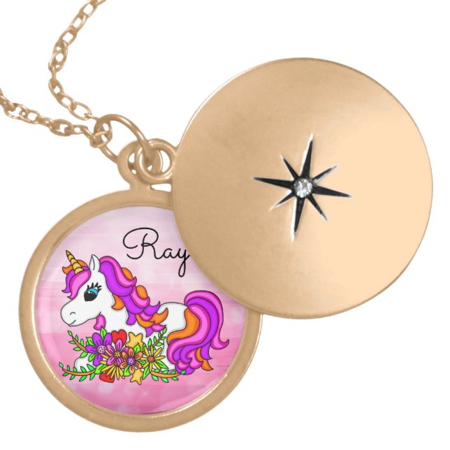  Pink Unicorn and Flowers Girl's Name  Gold Plated Necklace (Front)