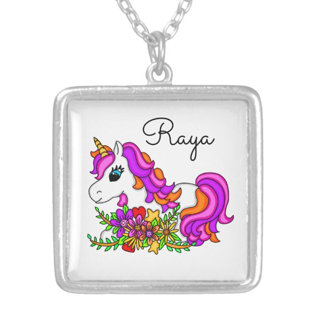  Pink Unicorn and Flowers Girl's Name  Gold Plated Silver Plated Necklace (Front)