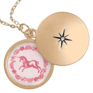 Pink unicorn and flowers locket necklace