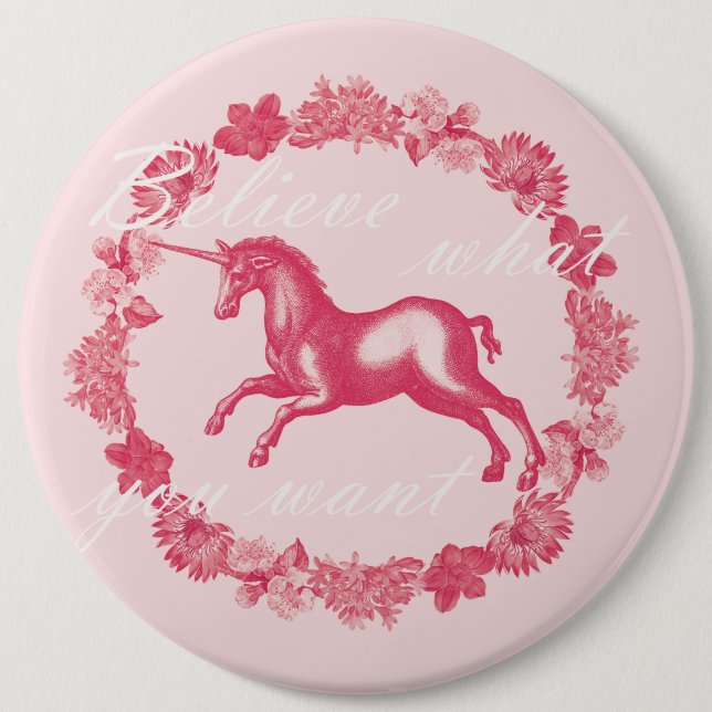 Pink unicorn and flowers pinback button (Front)