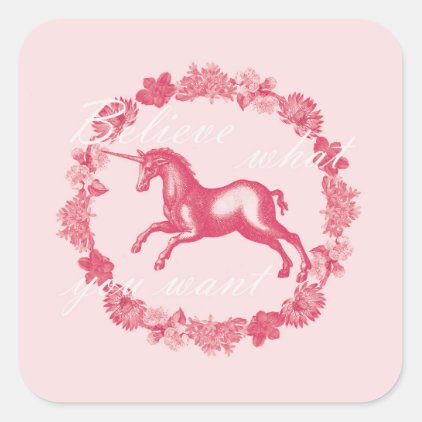 Pink unicorn and flowers square sticker