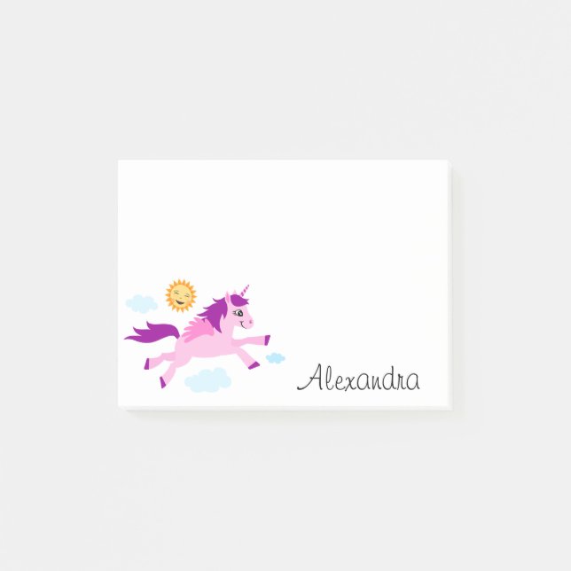 Pink unicorn and happy sun personalized name post-it notes (Front)