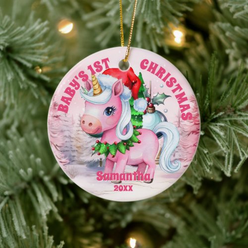 Pink Unicorn Baby 1st Christmas Photo Ornament