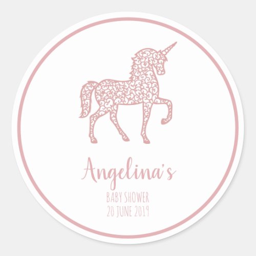 Pink Unicorn baby shower party Thank You Own text Classic Round Sticker