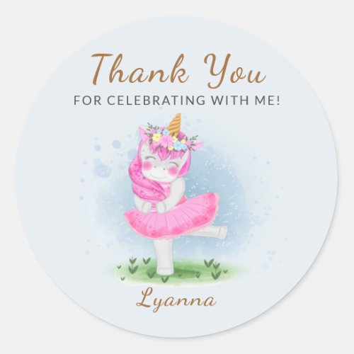 Pink Unicorn Ballerina Thank You Round Sticker