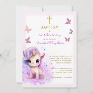 Pink Unicorn Baptism First Birthday Invitation