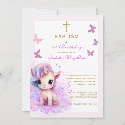 Pink Unicorn Baptism First Birthday Invitation