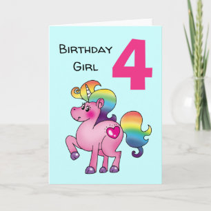 pink unicorn birthday girl (age 4, customizable) card