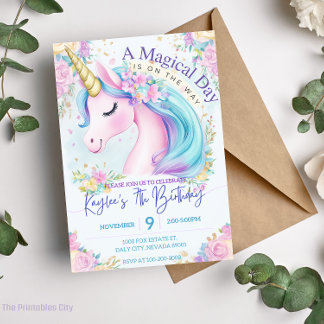 Pink Unicorn Birthday Gold Rainbow Invitation