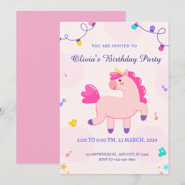 pink unicorn  birthday  invitation (Front/Back)