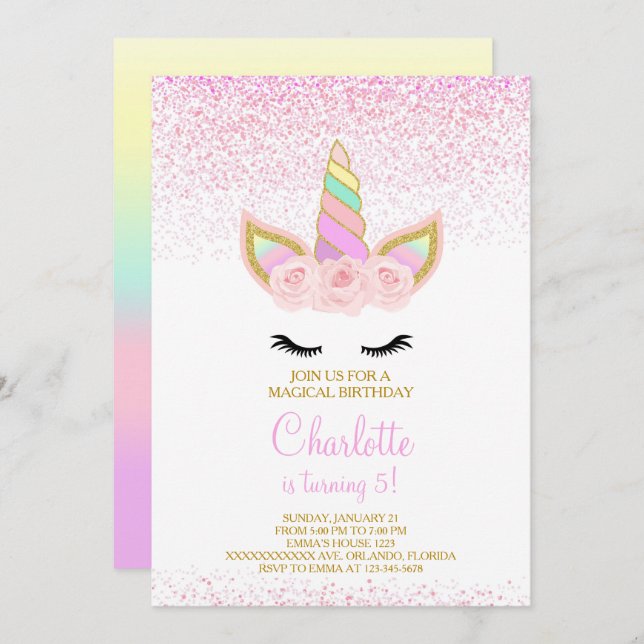 Pink Unicorn Birthday Invitation (Front/Back)